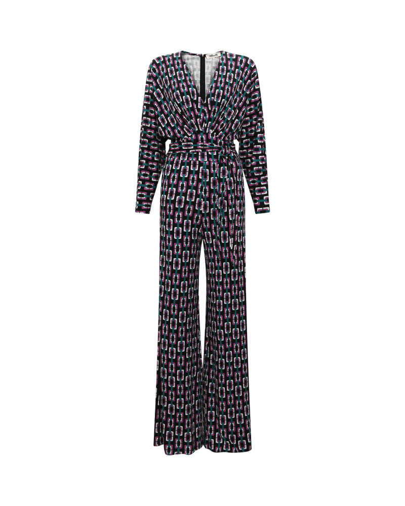 Front of a size XXL DVF FANNY JUMPSUIT in Chain Geo Multi Black by Diane von Furstenberg. | dia_product_style_image_id:317115